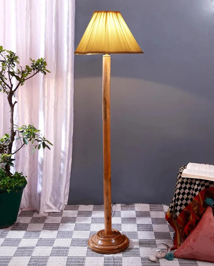 Off White Vintage Shade Floor Lamp With Natural Wooden Base | 12 x 59 Inches