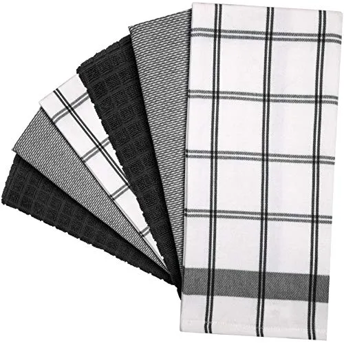 Premium Kitchen Towels (20”x 28”, 6 Pack) | Large Cotton Hand Towels | Flat & Terry Dish Towels | Highly Absorbent Tea Towels Set with Hanging Loop | Black Check