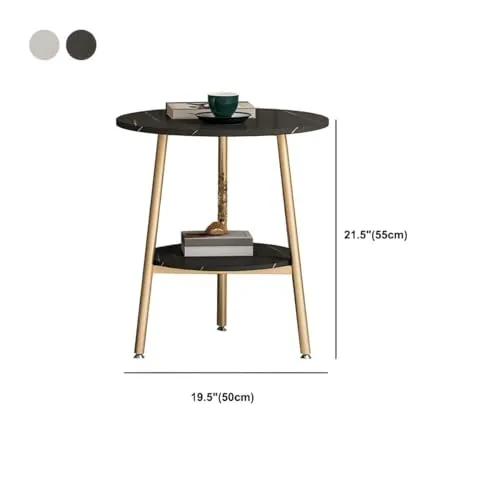 Premium Modern Round Slate Coffee Table, Double Tier End Table, 3 Legs, Black & White, for Living Room, Bedroom, Home & Office (Gold & White)