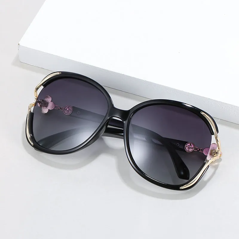 Women's polarized sunglasses, new four-leaf clover sunglasses with diamonds, fashionable large-frame glasses for women with round faces, retro.